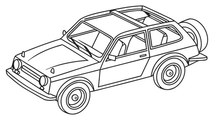 Classic Compact Car with Roof Rack & Spare Tire Line Art. Retro Hatchback Outline for Automotive Design.