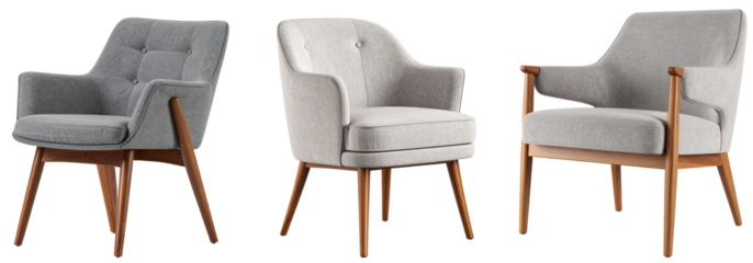 Set of gray fabric chair with walnut legs on transparent background. 