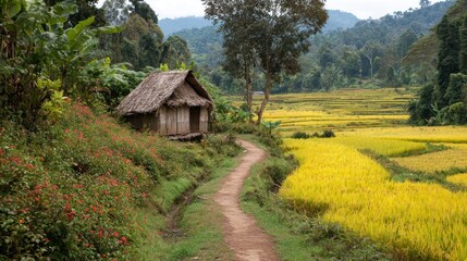 Fototapeta premium Rustic hut beside rice paddy landscape