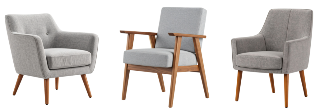 Set of gray fabric chair with walnut legs on transparent background. 
