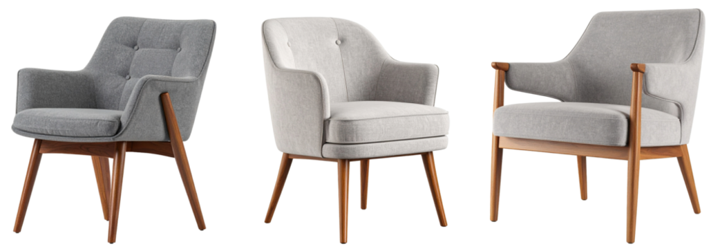 Set of gray fabric chair with walnut legs on transparent background. 