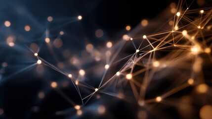 Vibrant abstract network with glowing orange and blue points connected by many fine lines. Digital data communication and technology concept.