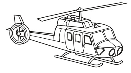 Cartoon helicopter line art. Simple black and white drawing of a chopper, perfect for coloring books and kids' activities.