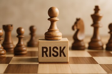 Pawn atop block with the word RISK on a chessboard evokes strategic choices and uncertainty.