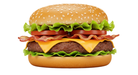 Juicy cheeseburger with bacon and fresh vegetables isolated on white background