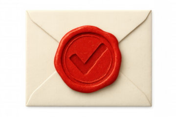Sealed envelope bearing red wax seal, marked with approval checkmark against transparent backdrop