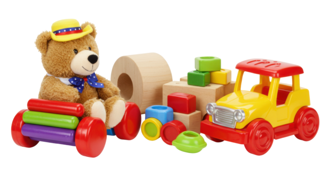 Colorful childrens toys including a teddy bear blocks and vehicles isolated on white background in a playful setting