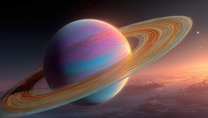 and keyword list based on the image, following your format

 Planet with Rings Floats Above Cloudscape in Outer Space Celestial Vista.