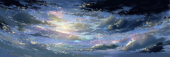 A vibrant, detailed illustration of a vast, cloudy sky, with a soft, warm light filtering through the clouds