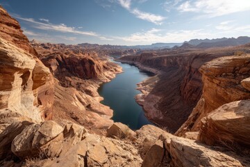 Obraz premium High-angle view of a canyon reservoir. Vast, desert landscape with red rock formations and a deep blue reservoir