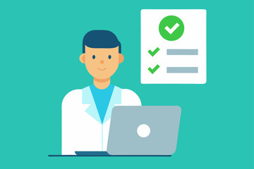Fototapeta premium Flat Vector Illustration Doctor with Laptop Explaining AI Results