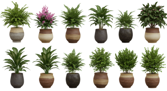 Decorative indoor plants in stylish pots isolated on white background arranged vibrant green foliage display