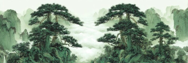 Misty mountain landscape with towering pines