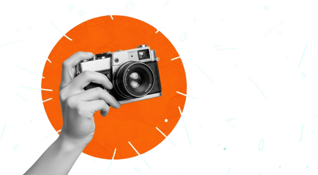 Hand Holding Vintage Film Camera Against Bright Orange Circle And Graphic Elements Transparent Background Collage Transparent Background