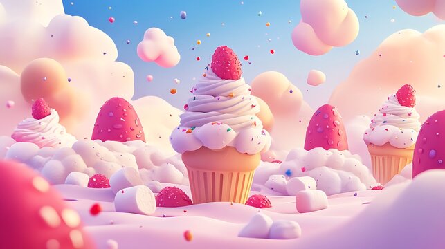 Colorful cupcakes in a cloud fantasy scene