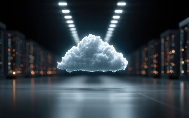 Glowing cloud floats above a server room floor