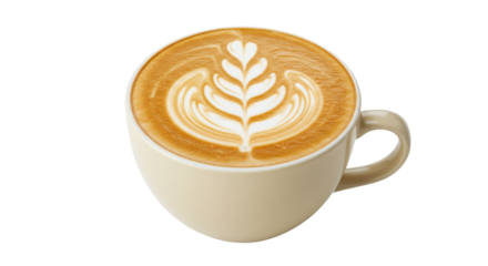 A beautifully crafted latte art in a cozy cafe setting with soft lighting isolated on white background