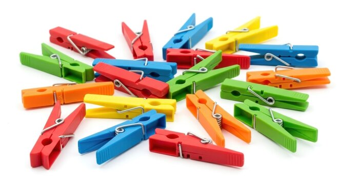 Scattered colorful plastic clothespins lay haphazardly on a white surface, creating a vibrant and playful arrangement