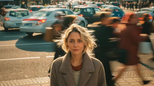Cinematic video of young woman finding calm and inner peace while standing still in busy city street with blurred crowds and traffic rushing around her