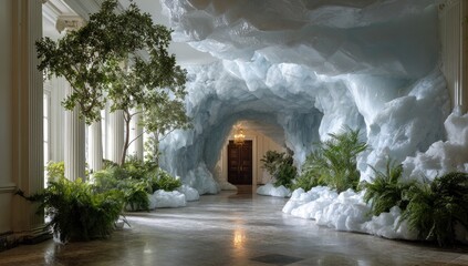 A grand hallway transformed into an icy cave, adorned with sculpted, light-blue foam ice formations, lush greenery, and classical architecture