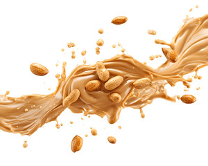 Splash of creamy peanut butter with peanut seeds flying above