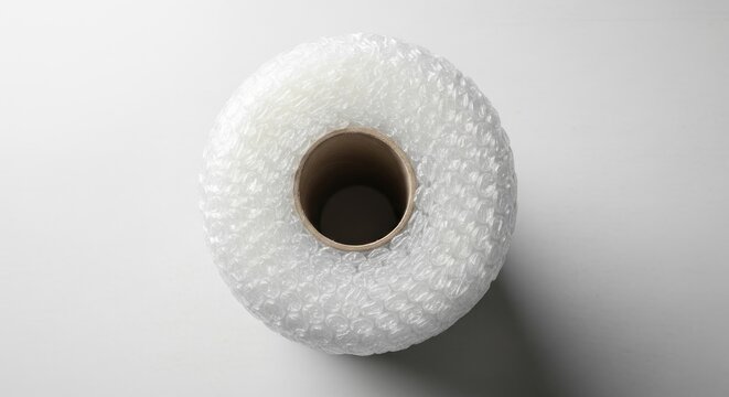 Overhead shot depicts a tightly wound roll of transparent protective packaging with air-filled bubbles surrounding an empty cardboard core, casting shadows
