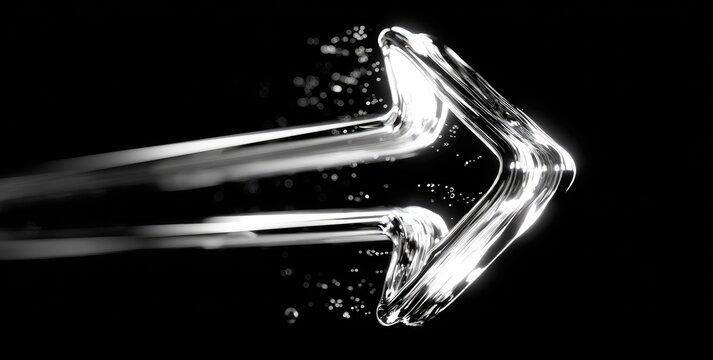 Glowing glass arrow in motion, particles trailing