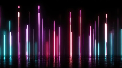 Abstract neon light columns reflected on dark surface