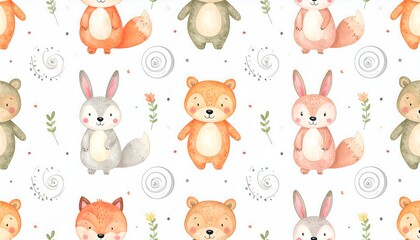 Watercolor seamless pattern featuring cute woodland animals and floral elements on a white background