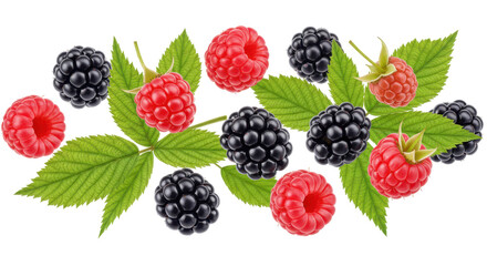 Vibrant assortment of blackberries and raspberries with green leaves isolated on white background