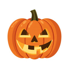 Ilustrasi vektor Halloween, labu oranye dengan wajah seram bercahaya, latar belakang putih minimalis, gaya ikon datar