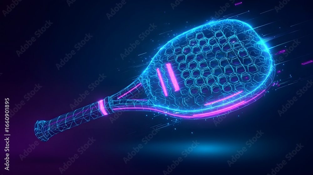 Aufkleber futuristic neon paddle racket in motion against a dark background with dynamic light effects