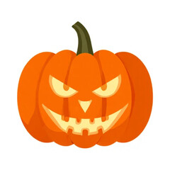 Ilustrasi vektor Halloween, labu oranye dengan wajah seram bercahaya, latar belakang putih minimalis, gaya ikon datar