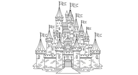 Detailed Fairytale Castle Line Art Illustration. Royal Fantasy Palace Drawing for Coloring Book or Graphic Design