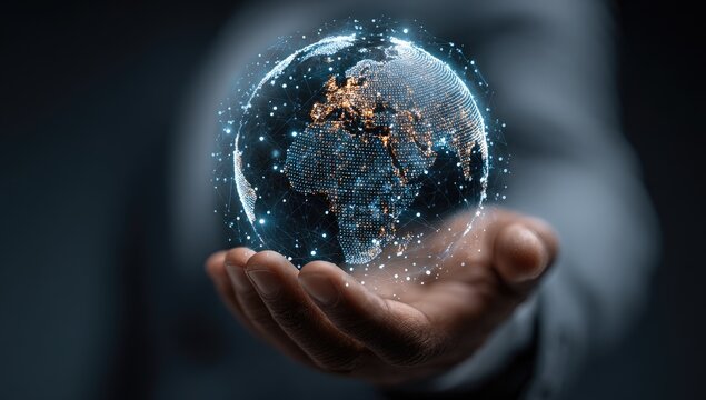 A hand holds a holographic globe - Powered by Adobe