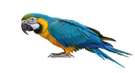Fototapeta premium Vibrant Blue and Yellow Macaw Parrot perched against a transparent background
