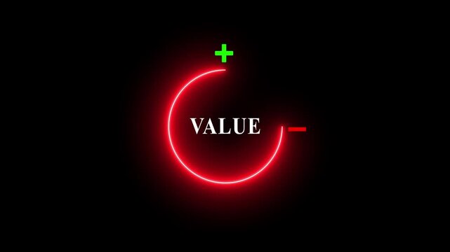 Neon circle with plus and minus signs animation on black background, glowing value control icon, digital adjustment symbol, increase and decrease concept