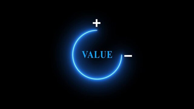 Neon circle with plus and minus signs animation on black background, glowing value control icon, digital adjustment symbol, increase and decrease concept