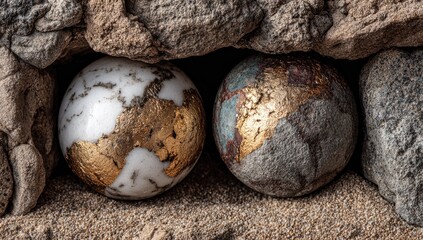 Obraz premium Two smooth, decorative orbs nestled in a rock crevice