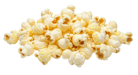 A heap of freshly popped popcorn isolated on white background perfect for snack time or movie nights