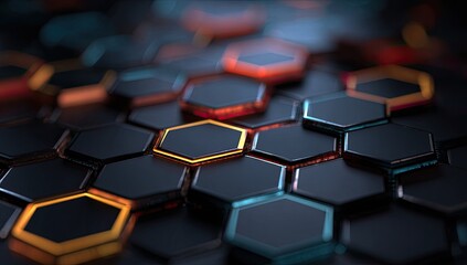 Abstract hexagonal pattern with glowing edges in dark tones and vibrant colors