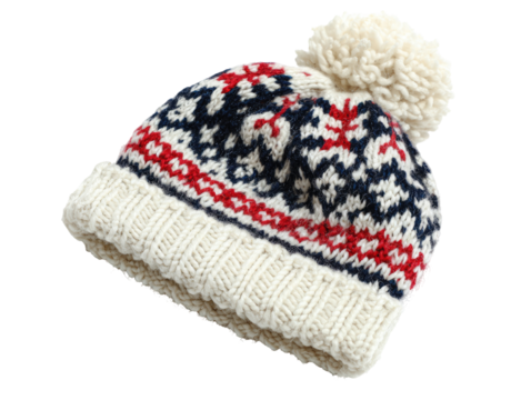A cozy, knitted winter hat with a pom-pom. Fair isle patterns in navy, red, and cream are prominent - Powered by Adobe