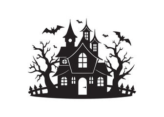 Haunted House Silhouette with Flying Bats Spooky Halloween Night Vector.