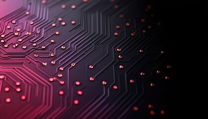 Close-up of a circuit board with intricate pathways and connectors, exhibiting a dark purplish-pink hue