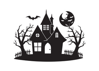 Haunted House Silhouette with Flying Bats Spooky Halloween Night Vector.