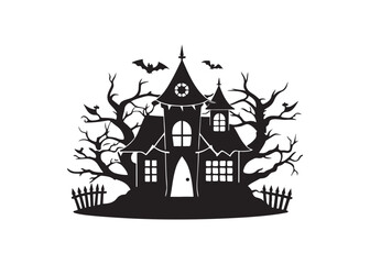Spooky Haunted House with Bats Silhouette Vector Halloween Illustration.