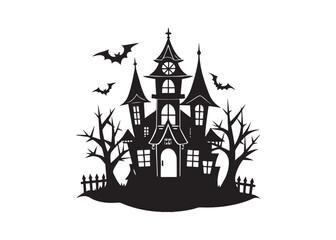 Scary Haunted House Silhouette Spooky Halloween Night with Flying Bats.