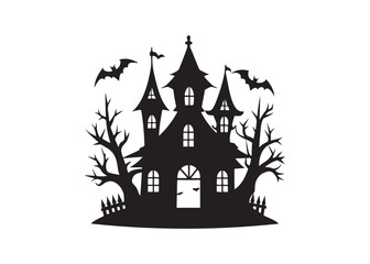 Scary Haunted House Silhouette Spooky Halloween Night with Flying Bats.