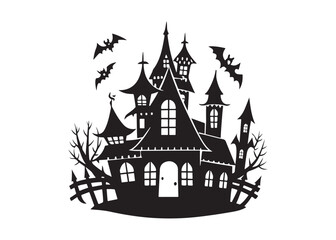Scary Haunted House Silhouette Spooky Halloween Night with Flying Bats.