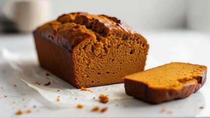 Tender Crumb of a Freshly Sliced Pumpkin Loaf in Bright Morning Light